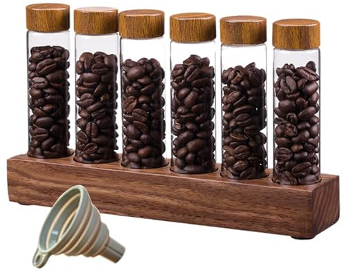 eurNhrN Coffee Bean Tubes Coffee Bean Cellars 6Pcs Single Dose Coffee Bean Storage Tubes with Wooden Stand & Funnel Glass Coffee Bean Container Kitchen Items
