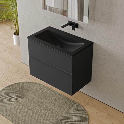 BERNSTEIN Badmöbel-Set Lavoa, Waschtisch-Unterschrank mit Waschbecken 80cm in Anthrazit - CREAM - Schwarz matt ohne Hahnloch - 2 Schubladen, Griffe in Anthrazit, vormontiert, 5 Jahre Garantie