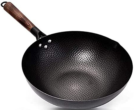 OQHAIR Hammered Carbon Steel Wok with Wooden Handle, Hand Hammered Wok pan, Iron Pot Suitable for Induction-Pot Diameter 32 cm Wok (Size : Pot Diameter 32 cm) (Pot diameter 34 cm)