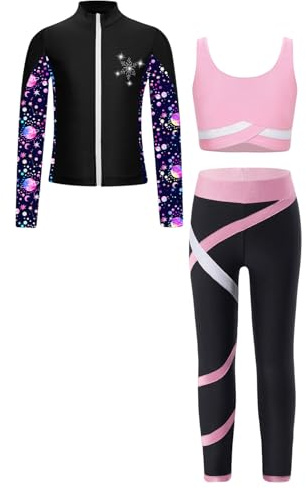 Oyolan Barn, flicka, idrottsset, träningsoverall, jacka, linne, leggings, gym, outfit, gymnastik, skridskoåkning, dans, träning, 5–16 år, rosa, 13-14 �r