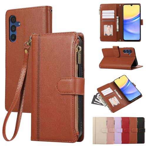 Rosbtib Funda de Móvil para Samsung Galaxy A34 5G 6.6 2023 Funda de Cuero con Cremallera Cierre Magnético Carcasa de Cartera con 4 Ranuras para Tarjetas Función Stand Cover Galaxy A34 5G, Marrón