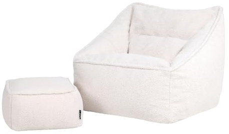 Icon Natalia Sitzsack Sessel mit Hocker für Erwachsene, Creme, Flauschiger Boucle Stoff, Riesen Sitzsack Sherpa mit Füllung, Bean Bag Chair, Bequemer Sessel Wohnzimmer, Lounge, Schlafzimmer, Büro