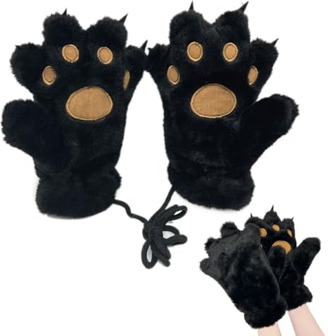 TUONYIS Cat Paw Gloves, Winter Gloves Womens Furry Bear Paws Gloves, Kawaii Plush Warm Gloves, Thermal Cute Mittens, Animal Wolf Handwear, For Teens Girls Halloween Christmas Cosplay Party (Black)