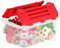 Superio Storage Box with Hinged Lids, Plastic Container Bins for Organizing with Attached Lid, Stackable Crates, BPA Free, Organizers for Home, Office, Dorm (Clear with Red Lids, 17x11.65x8.75)