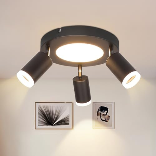 cupgow Deckenleuchte LED Deckenspot 3 Flammig - Deckenstrahler Schwarz GU10 Deckenlampe 3000k 20W Küchenlampe Rund Schwenkbar Flurlampe Metall für Schlafzimmer Büro