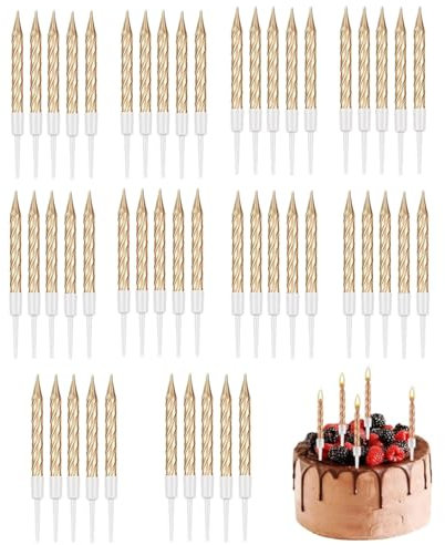 JJiaoLinin Birthday Candles,50 Pieces Spiral Cake Candles in Holders Metallic Cake Cupcake Candles Metallic Short Thin Cake Cupcake Candles for Birthday Wedding Party Cake Decorations,Champagne Gold