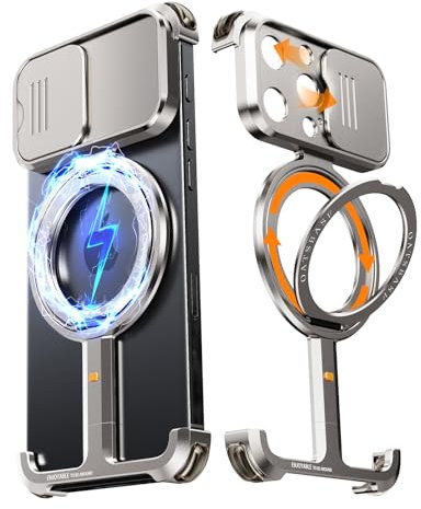 NIFBANG für iPhone 15 Pro Hülle mit Kameraschutz,360°Drehbar Magnet Ständer,Rahmenlose Aluminium Metall Dünn Handyhülle,Militär Grade Stoßfest Schutzhülle für i Phone 15 Pro Case,Titan Natur
