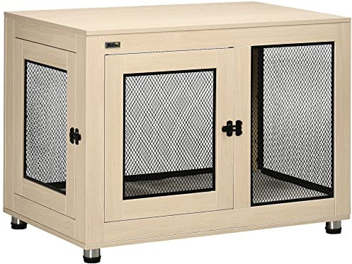 PawHut Jaula para Perros Grandes Estilo Mueble Casa para Perros 94x60x71,5 cm Mesa Auxiliar con 2 Puertas de Pestillo Cojín de Tela Oxford y Rejillas de Acero Roble