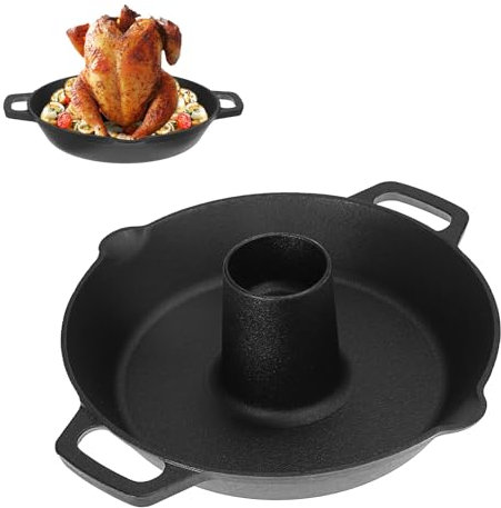 SUMTree Gusseisen Hähnchenbräter Schwarz Gusseiserner Bratentopf Hähnchenhalter für Grill und Backofen Hähnchenständer mit Griff und Nut für Gewürze Spülmaschinenfest Durchmesser 26cm, Höhe 9cm