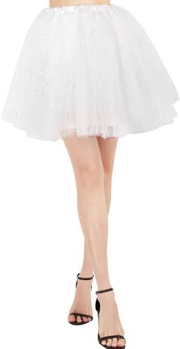 BALAYSIER Gonna Tulle Donna con Fodera 4 Strati Tutu Danza Classica Elevata Elasticità Gonna di Paillettes per Balletto(Bianco)