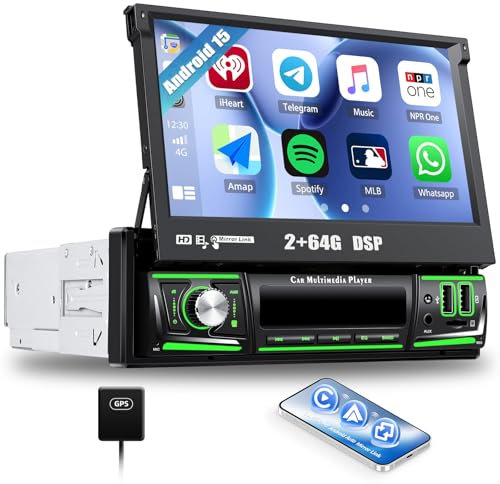 CAMECHO [Android 15] 2+64G 7 Zoll Autoradio 1 Din Wireless Carplay Touchscreen Navi Radio Ausfahrbarem Manuelle Display mit Bluetooth Android Auto GPS WiFi DSP FM/RDS Mirror Link SWC