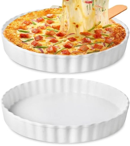 PORFOYO Quicheform Keramik, 2 teilig Quicheform Weiß, Tarteform Keramik mit Wellenrand, Porzellan-Kuchenform, Runde Backform Ø 25,4 cm H 4 cm, Obstkuchenform, Quiche Backform, Aufbackform