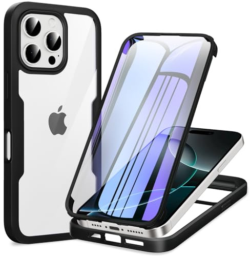 Phoona 360 degrés Coque pour iPhone 16 Pro Max avec Transparent Protection d'écran, Silicone Antichoc écran Coque, Anti-Rayures Intégrale Étui Housse pour iPhone 16 Pro Max, Noir