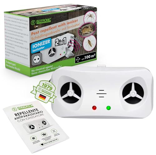 ISOTRONIC Repellente per parassiti con ionizzatore, per proteggere da topi, roditori, ragni, scarafaggi in casa, cantina, repellente per topi flessibile, ecologico e adatto agli animali