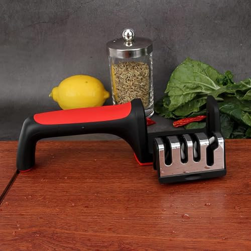 Knife Sharpener for Knives & Scissors - Professional Knife Sharpener with Non-Slip Base - Ergonomic, Fast & Safe - Sharpener for Kitchen Knives - Red Black