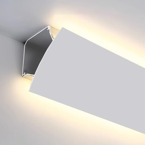 Deckenkronenleiste mit LED-K, 3,3 x 8,4 cm, Aluminium-Profilleiste für indirekte Beleuchtung, Dekoration, Trockenbau, Beleuchtung, LED-Diffusorblende (5 m)