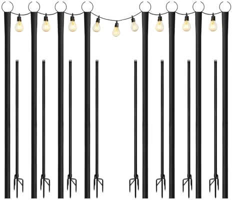 Ptsuker 8 Pack String Light Poles, 8 ft Metal Festoon Light Poles with Fork Stake, Weather Resistant Outdoor Poles for Garden, Patio, Deck, Backyard, Wedding and Party Decor