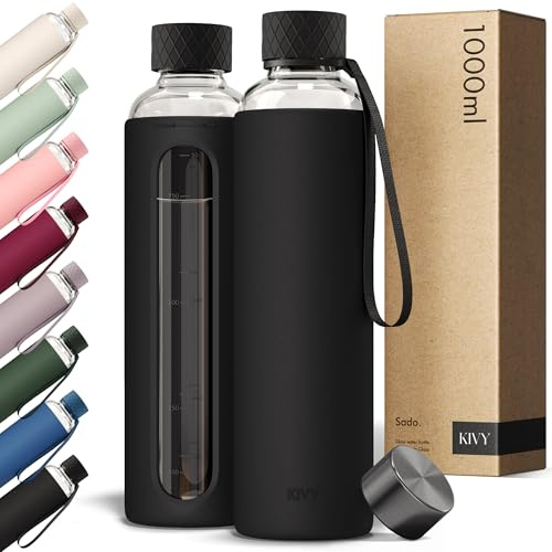 KIVY Borraccia in vetro con custodia in silicone da 907,2 g [con misurazione] – bottiglia d'acqua in vetro borosilicato con tappo a vite – bottiglie trasparenti con marcatura di misurazione – estetica