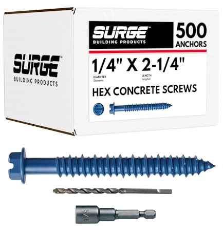 1/4 x 2-1/4 Hex Head Blue Concrete Screw Anchor with Drill Bit & Driver (Box of 500) | Masonry Screws for Concrete, Block, and Brick