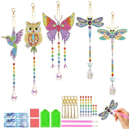 KEORHEZ Handgemachtes Diamond Painting Windspiel Set–5 Diamond Painting Kinder, Sonnenfänger Bastelset，Hochwertiges Kindergeschenk, Geschenke Für Mädchen, Geeignet für 5 6 7 8 9 10 11 12 Jahre Alt