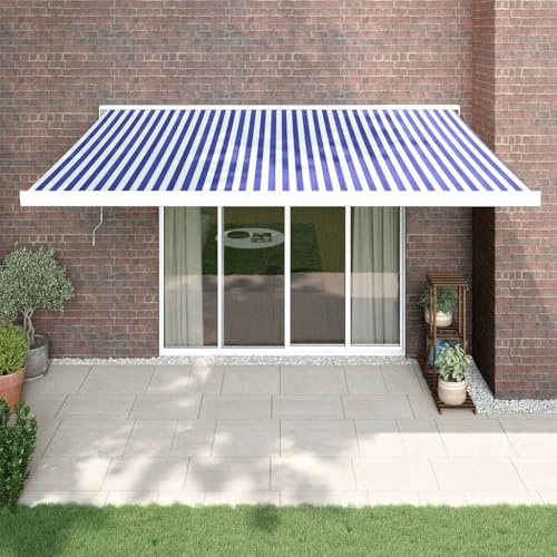 Elektrische Einziehbare Markise Blau Weiß 4x3 m, UV-beständiger Stoff, Aluminiumrahmen für Terrasse, Balkon, Außenbereich