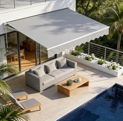 UISEBRT Markise Balkon - Aluminium Gelenkarmmarkise 250cm Breit Balkonmarkise Sonnenschutz Manuelle Klemmarmmarkise Sonnenmarkise mit Handkurbel Wasserdicht, Hellgrau (300x250cm)