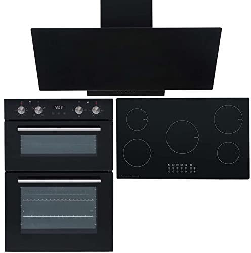 SIA 60cm Electric Double Oven, 90cm 5 Zone Induction Hob And Angled Glass Hood