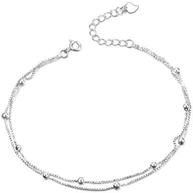 YAFEINI Sterling Silber Fußkettchen für Damen Teen Girls geschichteten Kette Ball und Bead Double Fußkettchen Beach Fußkettchen (fußkettchen A)