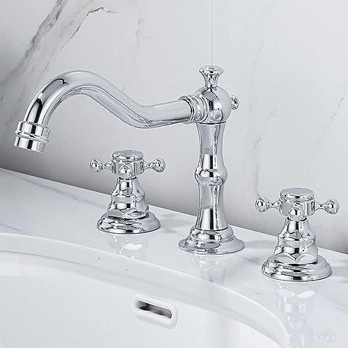 AXWT Robinet Croix en Cuivre Chromé Moderne - Argent, 3 Trous, 360° Rotatif pour Lavabo et Évier - Mitigeur en Céramique Avec G1/2