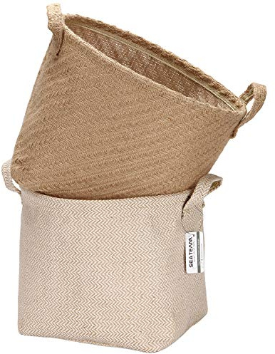 Sea Team Aufbewahrungskörbe Organizer Box Bins aus Jute- und Baumwollleinen Faltbar mit Griff Dekorativ für Haushaltswaren Schreibwaren Kleinigkeiten Spielzeug Jewerly Farbe Beige 26 * 26 * 26CM 2PCS