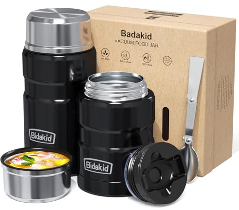 Bidakid Thermoskanne für heiße Speisen, 2 Stück, (720 ml + 480 ml) isoliertes Lebensmittelglas für heiße Suppen, Lunchbox-Behälter für heiße und kalte Speisen mit Deckel und faltbarem Löffel (schwarz)