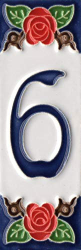 Hausnummern, italienische Keramik-Zahlen und Buchstaben, Rosendesign, Fliesengröße: 10 cm x 3,5 cm, Rahmen für 3 bis 6 Fliesen (Nummer 6)