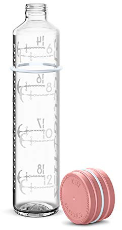 Sport Glasflasche mit Uhrzeit, Zeiteinteilung, 1000 ml 1 l Trinkflasche mit Zeitmarkierung Trinkerinnerung, Kohensäure geeignet, BPA frei, auslaufsicher, bruchsicher, Zeitbuddels NAVIGATOR, Rosé