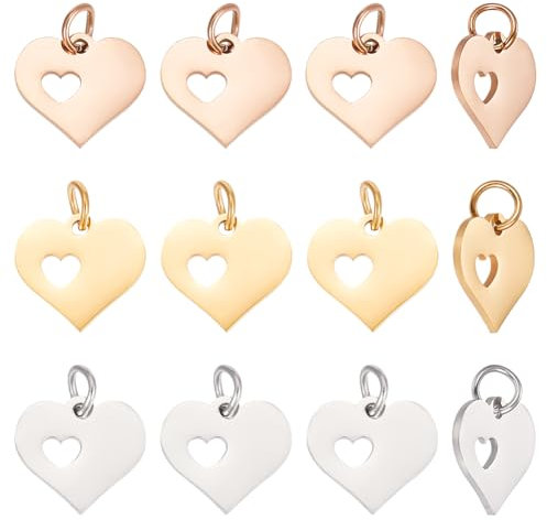 UNICRAFTALE 18 Stk 3 Farben Herz Anhänger 12mm Lang Hohl Charms Edelstahl Herz Anhänger Metall Valentinstag Heart Charms Mit Sprungringen Für Halskette Ohrringe Armband DIY Schmuckherstellung
