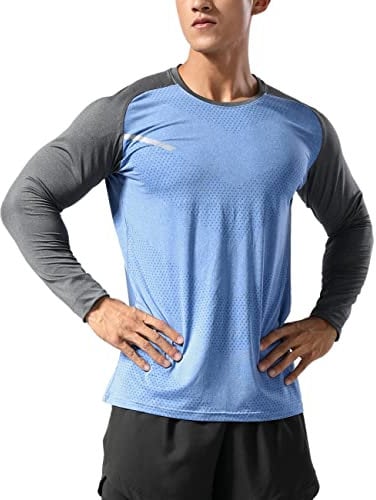 Herren Fitness Lange Ärmel Hemden Sport Running Bodybuilding T-Shirts Trockener Sitz Oberteil Sweatshirts Blau XL