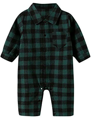 SHOBDW Boys Plaid Jumpsuit Autumn Winter Baby Boys Girls Long Sleeve Playsuit Kids Buttons Outfits Newborn Toddler Bodysuit Casual Lattice Romper Clothes(Green,3-6 Months)