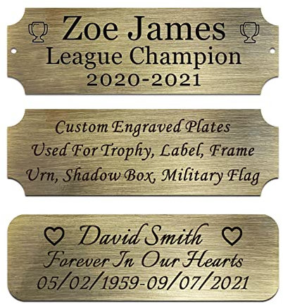 Tamaño: 3 pulgadas de ancho x 1 pulgada de alto, placa de metal grabada en bronce personalizada, placa de nombre personalizada para premio de trofeos, marcos, urnas, caja de exhibición, conmemorativo,