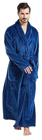 FashGudim Herren Bademäntel groß und groß in voller Länge Plüsch Fleece lange Robe Schal Kragen warm Winter Männer Bademantel(Marineblau,S/M)
