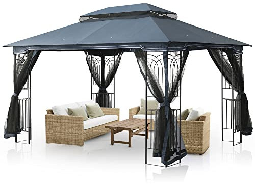 ELYFLAIR® Gartenpavillon 4 x 3 mm wasserdicht, Wetterfestes Metall und zu 100% wasserabweisender Stoff, Doppeldach für eine bessere Luftzufuhr, mit Insektennetz, mit Ringen für Pflanzen, Gartenzelt