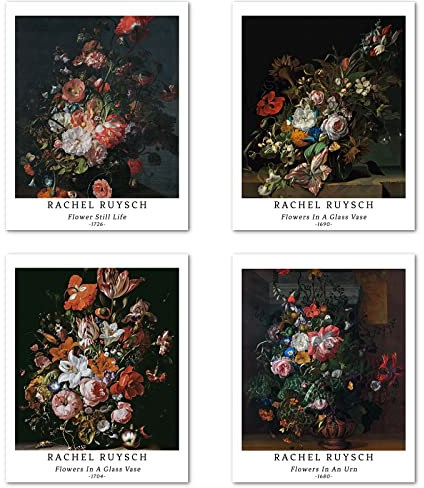 Kunstdruck Ungerahmt Klassische Blume Bilder Set von 4, Poster Größe: 20x25 cm Premium Kunstpapier Wanddeko Vintage Geschenk Hochauflösend Pflanzen Passenden Jugendzimmer Deko Rachel Ruysch Poster