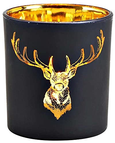 Windlicht Tannenbaum Glas | Teelichtglas Weihnachten Winter | Hirsch Teelichthalter (Hirsch schwarz)