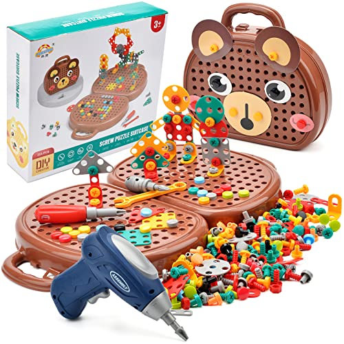 xinrongda Kit de Mosaique Enfant Puzzle 3D, 203pcs Jouet de Montessori Jeu de Construction Éducatif avec Perceuse Électronique, Educatif pour Bricolage Jouet Jeu Fille Garcon 3 4 5 6 Ans (Ours)