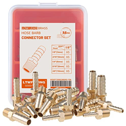 LTWFITTING Assortment Kit Tube OD 3mm,5mm,6mm,8mm,10mm x 1/8-Inch Male BSPT Brass Hose Barb Connector Set (Pack of 25)