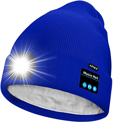 ATNKE Unisex LED Lighted Bluetooth Beanie Hat,USB Rechargeable 4 LED Running Headlamp Ultra Bright Music Speaker Cap with Head Torch Winter Warm Lined Fleece Gifts for Men and Women/Blue