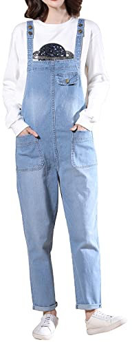 Jamron Donna Taglie Forti Salopette in Denim Stretch Lungo Overall Tuta Intera Jumpsuit Pantaloni Jeans con Pettorina Azzurro 4XL