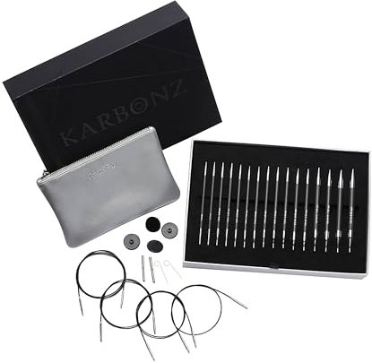 KnitPro Deluxe Geschenkset – Karbonz austauschbare Rundstricknadeln (3,50–8,00 mm) mit Zubehör, Schwarz und Silber