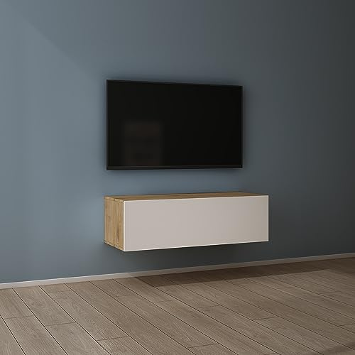Mai & Mai Fernsehschrank Hängend TV Lowboard hängend mit Gasdruckfedern | TV Schrank mit Klappen, viel Stauraum, Wandmontage in Kerneiche + Matt Weiß, Breite: 100 cm, Fernsehschrank02