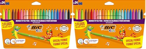 BIC Kids Filzstifte Set Kid Couleur, Fasermaler zum Malen in 24 auswaschbaren Farben, inkl. Neonfarben, im Karton Etui, ab 5 Jahre (Packung mit 2)
