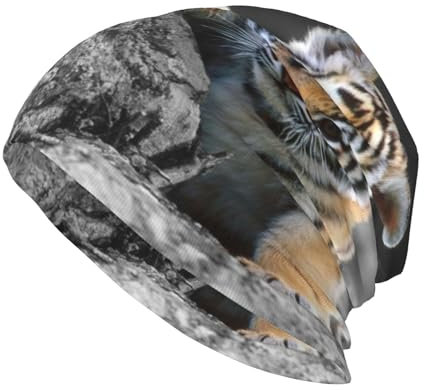 RAXER Niedliche Tiger-Beanie-Mütze für Damen und Herren, bedruckt, bequem, atmungsaktiv, weich, warm, gestrickt, Baumwolle, Schwarz, Schwarz , One size