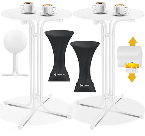 KESSER® Gastro Stehtisch klappbar Bistrotisch 2er Set | Pulverbeschichtete Edelstahlplatte | höhenverstellbare Füße | Party-Tisch Ø 70cm | In- & Outdoor | Empfangstisch inkl. Husse | Klapptisch Weiß